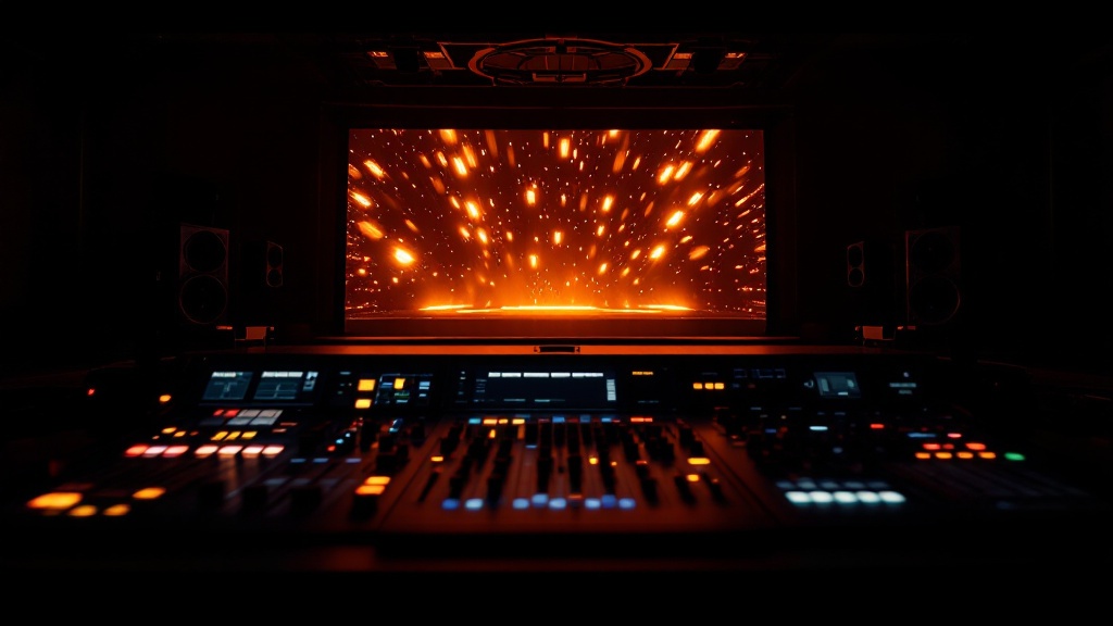 Professional AV mixing console in dark production control room with LED video wall glowing on stage behind