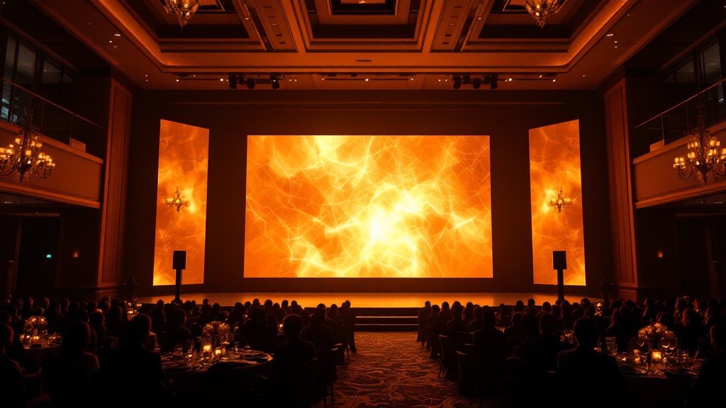 LED video wall at a El Segundo event - amber-gold light on a large screen