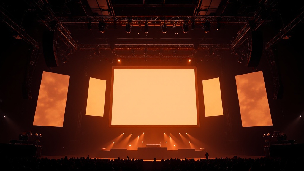 Professional concert stage in Los Angeles showing overhead LED video wall panels suspended on black rigging truss