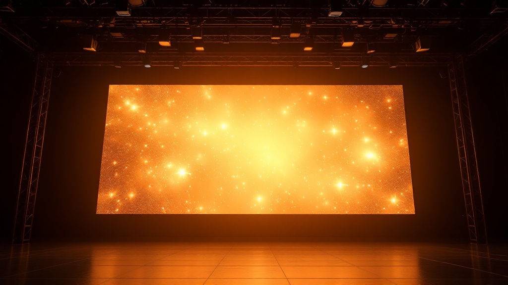 LED video wall at a Burbank event - amber-gold light on a large screen