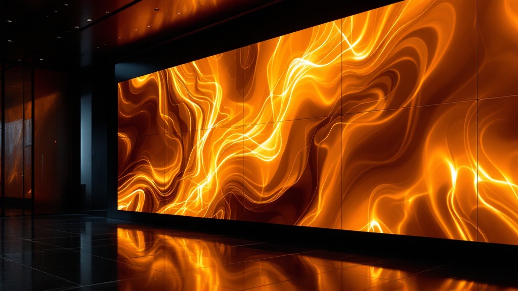 Fine-pitch LED display panels in a modern Los Angeles corporate lobby wall, ultra-sharp close-viewing