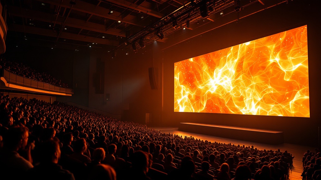Large LED video wall in Los Angeles collegiate gymnasium with audience on bleachers