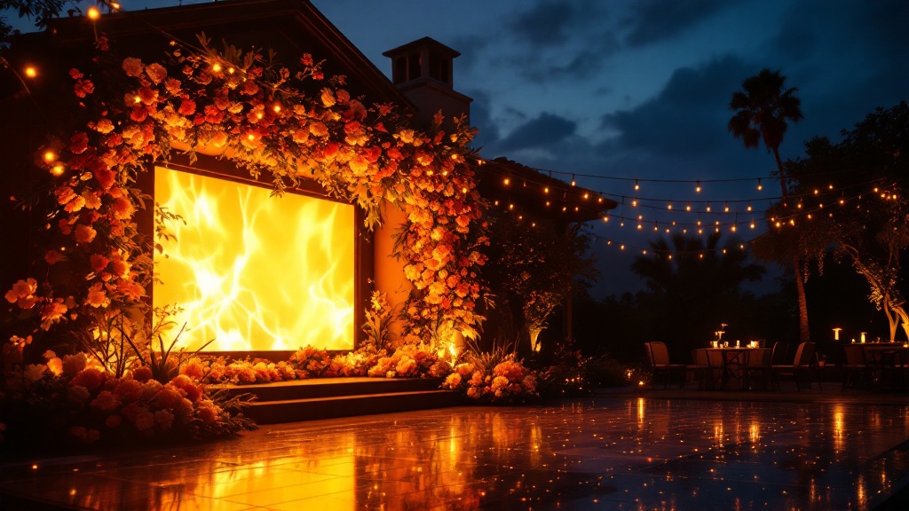 LED video wall at a Beverly Hills event - amber-gold light on a large screen